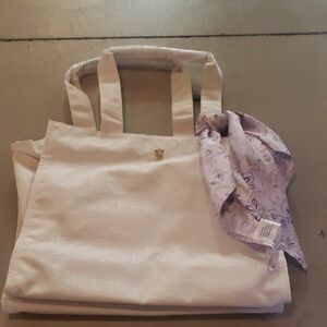 Victoria's Secret Embossed Floral White Tote with Purple Floral Scarf